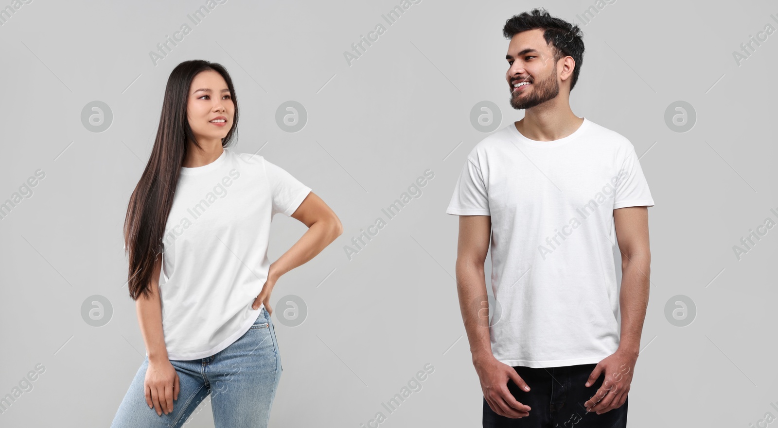 Image of Woman and man wearing white t-shirts on white background, collage of photos