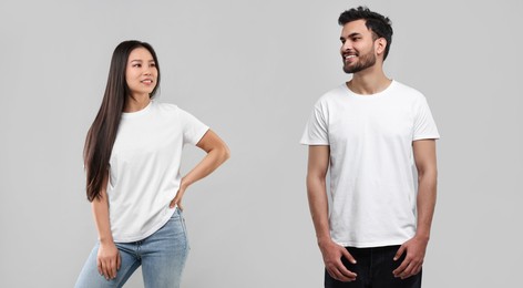 Image of Woman and man wearing white t-shirts on white background, collage of photos