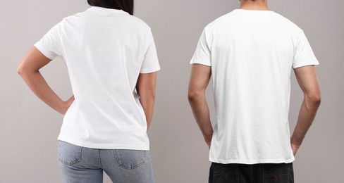 Image of Woman and man wearing white t-shirts on white background, back view. Collage of closeup photos