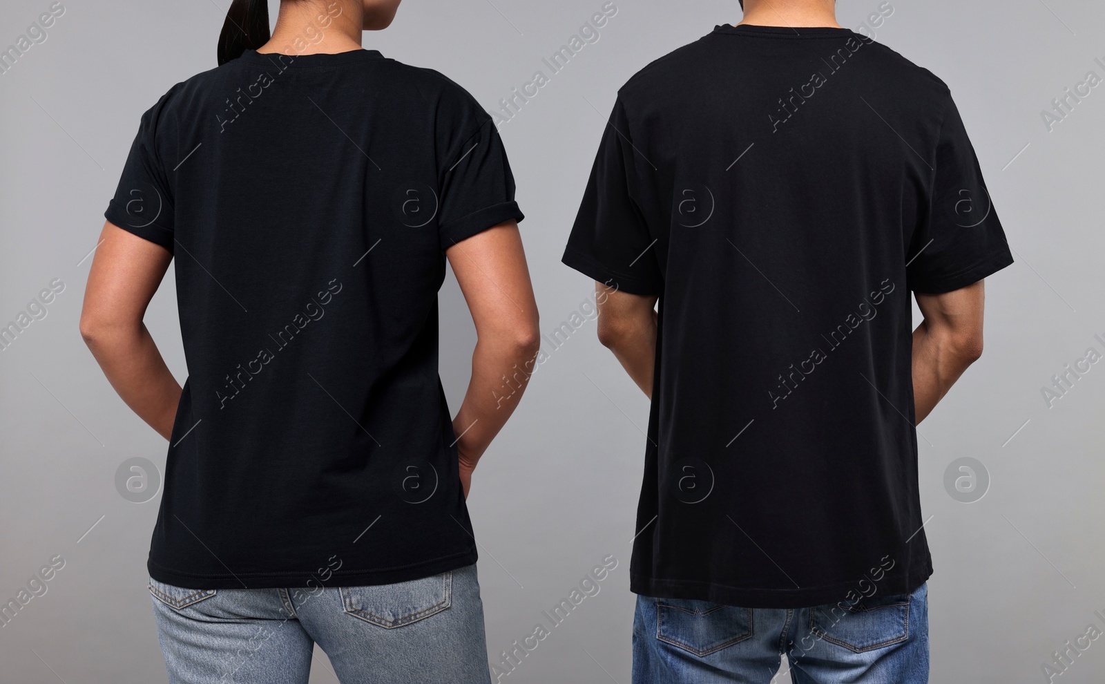 Image of Woman and man wearing black t-shirts on grey background, back view. Collage of closeup photos