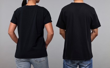 Woman and man wearing black t-shirts on grey background, back view. Collage of closeup photos