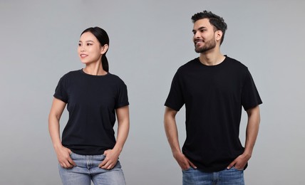 Image of Woman and man wearing black t-shirts on grey background, collage of photos