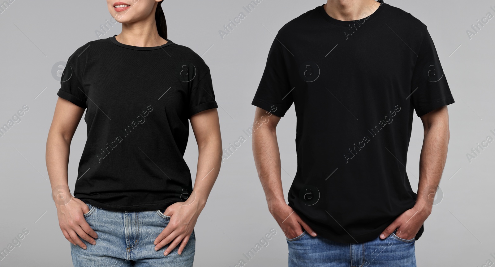 Image of Woman and man wearing black t-shirts on grey background, closeup. Collage of photos