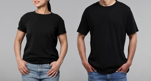 Image of Woman and man wearing black t-shirts on grey background, closeup. Collage of photos