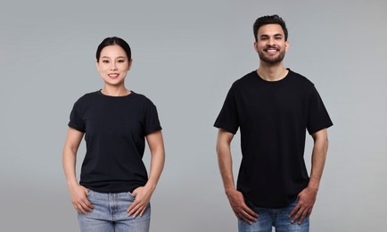 Woman and man wearing black t-shirts on grey background, collage of photos