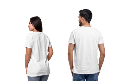 Image of Woman and man wearing white t-shirts on white background, back view. Collage of photos