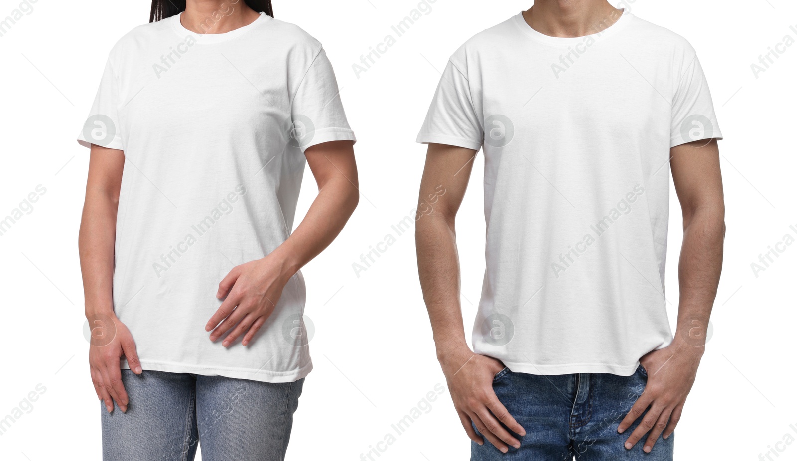 Image of Woman and man wearing white t-shirts on white background, closeup. Collage of photos