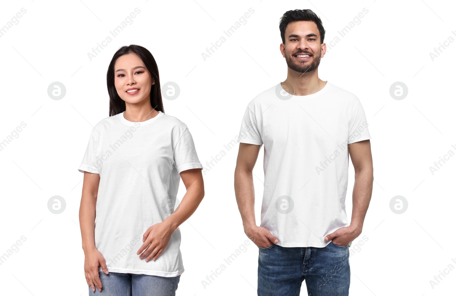 Image of Woman and man wearing white t-shirts on white background, collage of photos