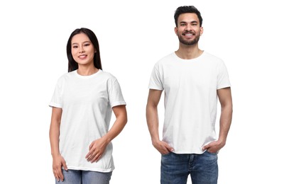 Image of Woman and man wearing white t-shirts on white background, collage of photos