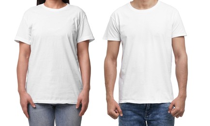 Image of Woman and man wearing white t-shirts on white background, closeup. Collage of photos