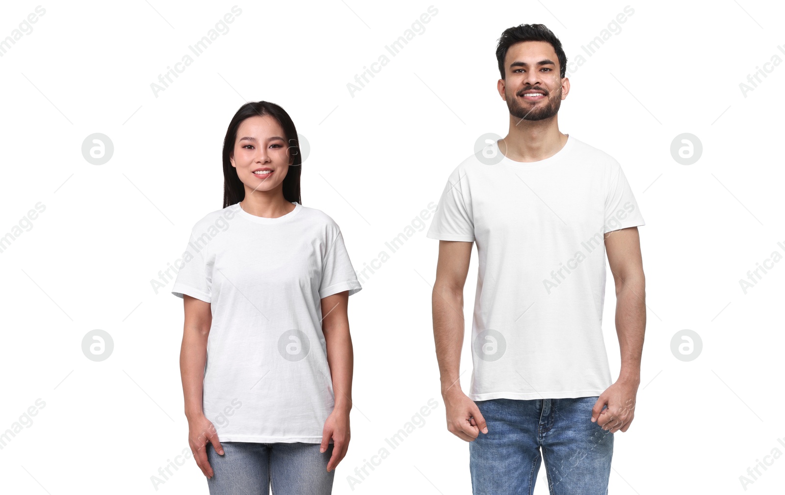 Image of Woman and man wearing white t-shirts on white background, collage of photos