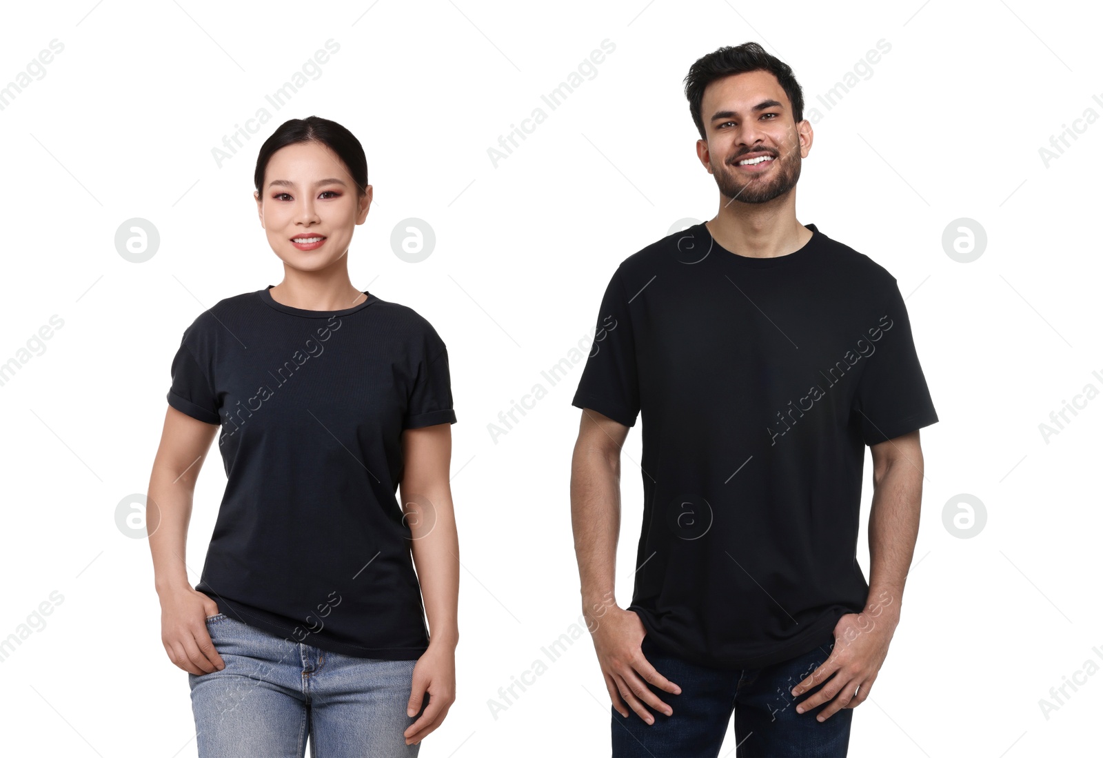 Image of Woman and man wearing black t-shirts on white background, collage of photos