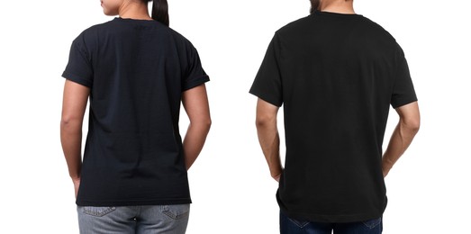 Image of Woman and man wearing black t-shirts on white background, back view. Collage of closeup photos