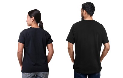 Image of Woman and man wearing black t-shirts on white background, back view. Collage of photos