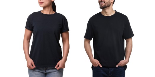 Image of Woman and man wearing black t-shirts on white background, closeup. Collage of photos