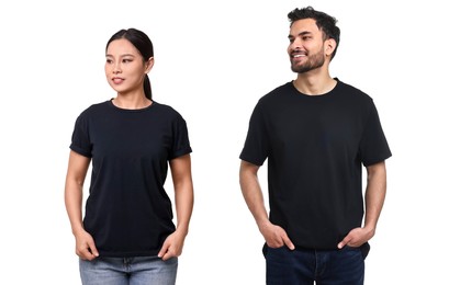 Image of Woman and man wearing black t-shirts on white background, collage of photos