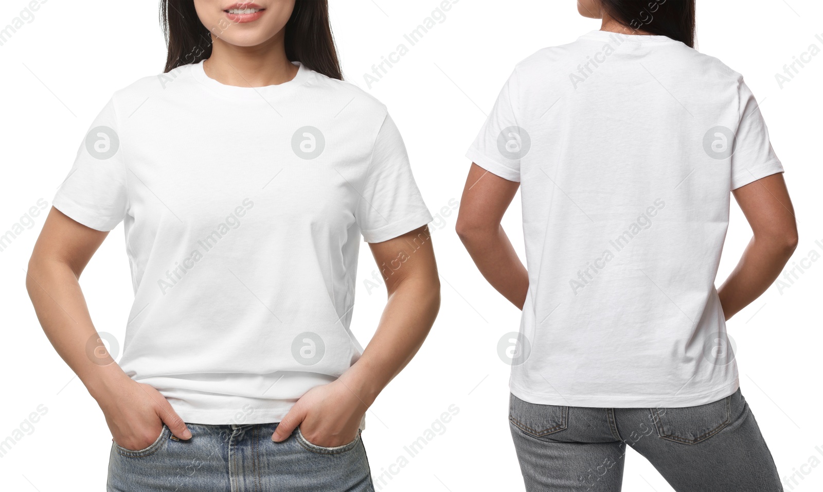 Image of Woman wearing white t-shirt on white background, collage of photos, closeup. Front and back views