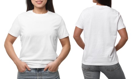 Image of Woman wearing white t-shirt on white background, collage of photos, closeup. Front and back views