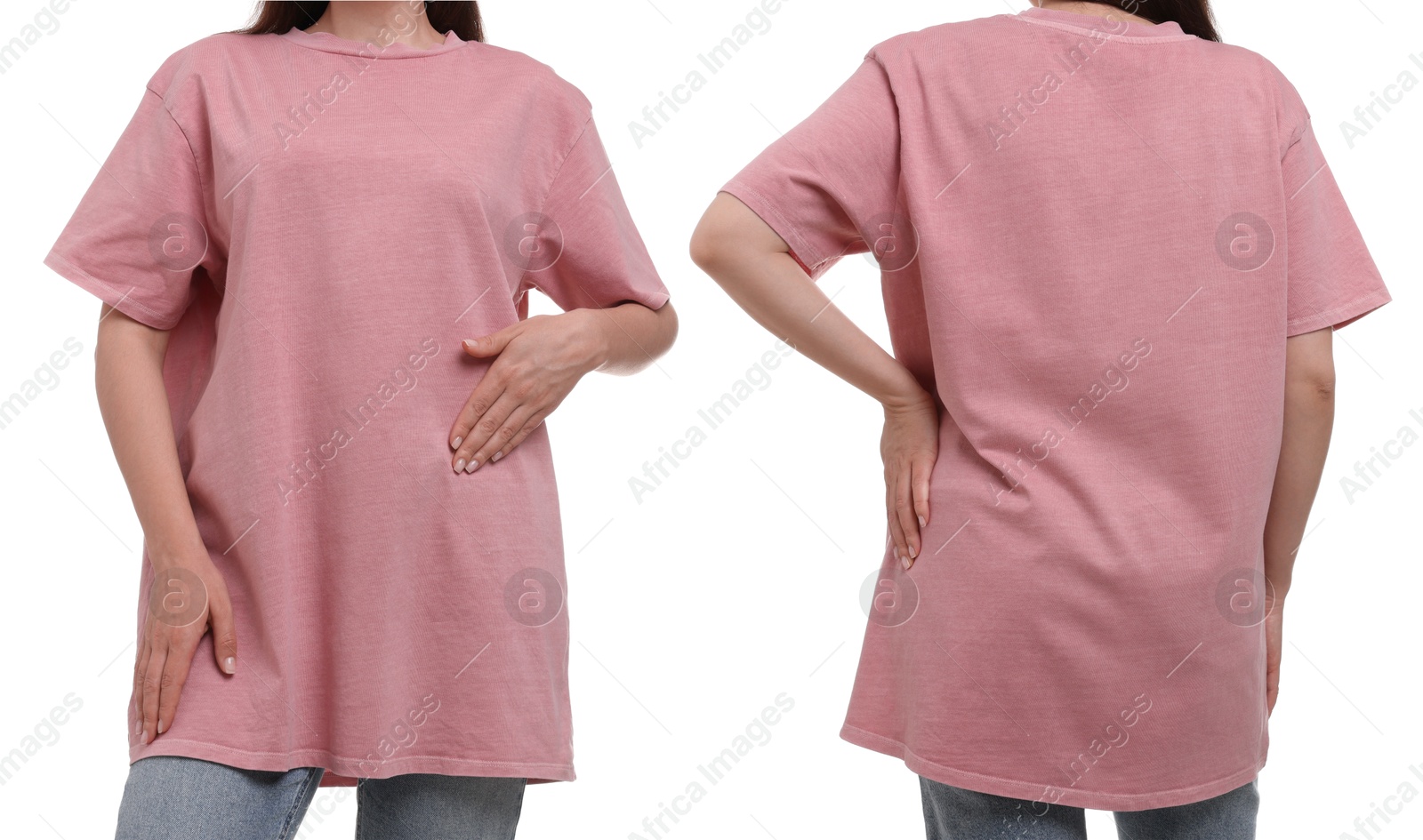 Image of Woman wearing pink t-shirt on white background, collage of closeup photos. Front and back views