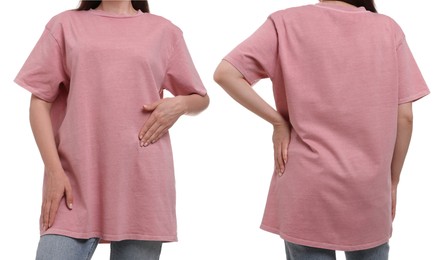 Image of Woman wearing pink t-shirt on white background, collage of closeup photos. Front and back views
