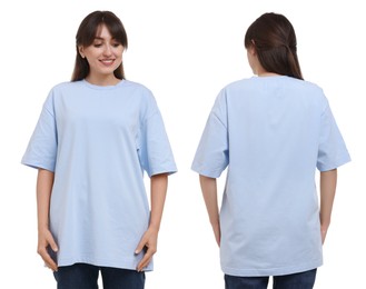 Woman wearing light blue t-shirt on white background, collage of photos. Front and back views