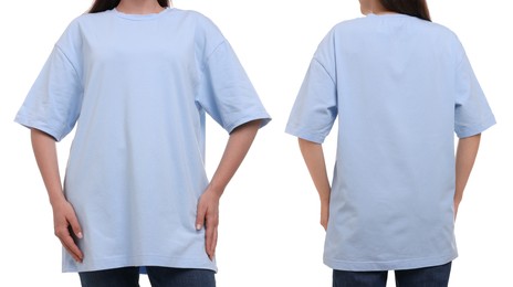 Image of Woman wearing light blue t-shirt on white background, collage of closeup photos. Front and back views