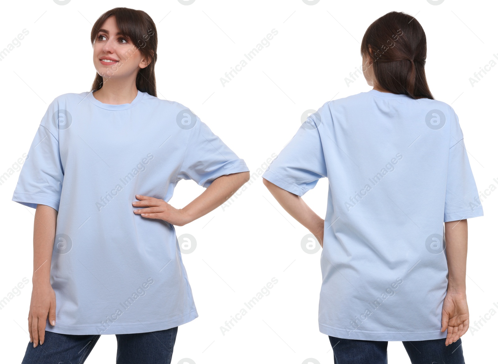 Image of Woman wearing light blue t-shirt on white background, collage of photos. Front and back views