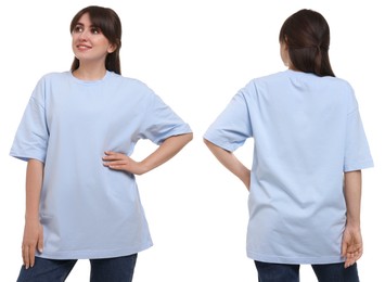 Woman wearing light blue t-shirt on white background, collage of photos. Front and back views