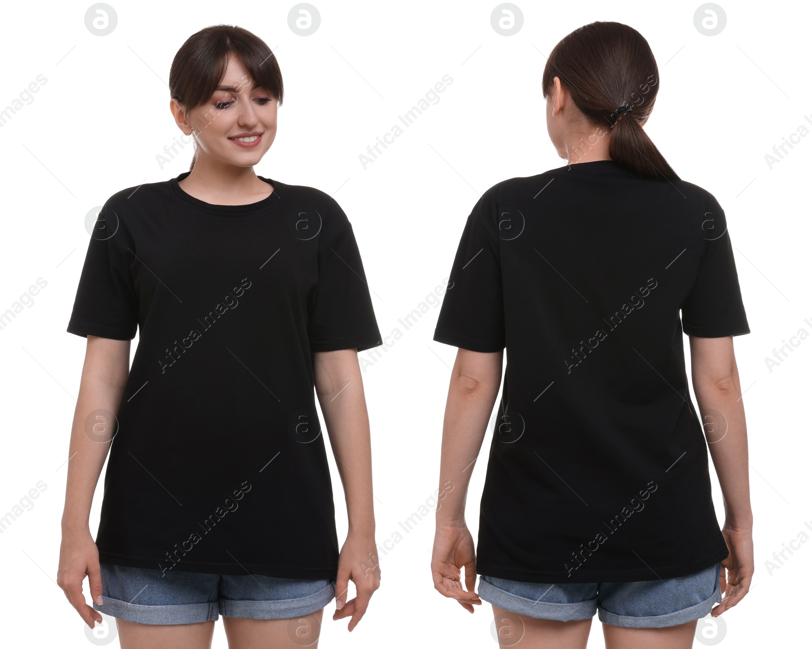 Image of Woman wearing black t-shirt on white background, collage of photos. Front and back views