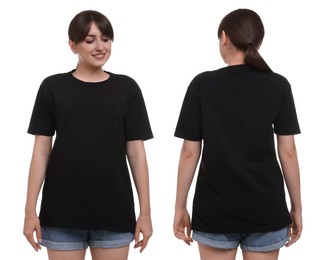 Image of Woman wearing black t-shirt on white background, collage of photos. Front and back views