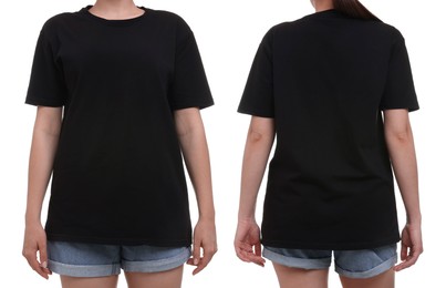 Image of Woman wearing black t-shirt on white background, collage of closeup photos. Front and back views