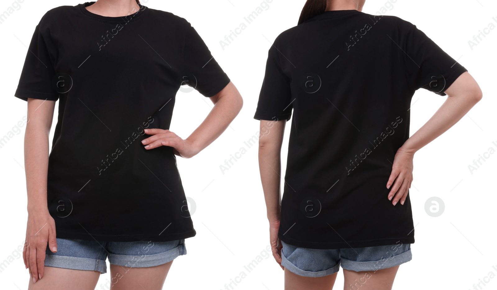 Image of Woman wearing black t-shirt on white background, collage of closeup photos. Front and back views