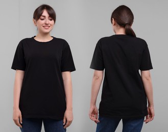 Image of Woman wearing black t-shirt on light grey background, collage of photos. Front and back views