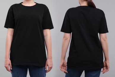 Image of Woman wearing black t-shirt on light grey background, collage of closeup photos. Front and back views