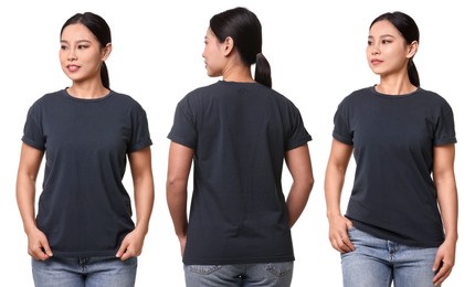 Image of Woman wearing dark grey t-shirt on white background, collage of photos. Front and back views