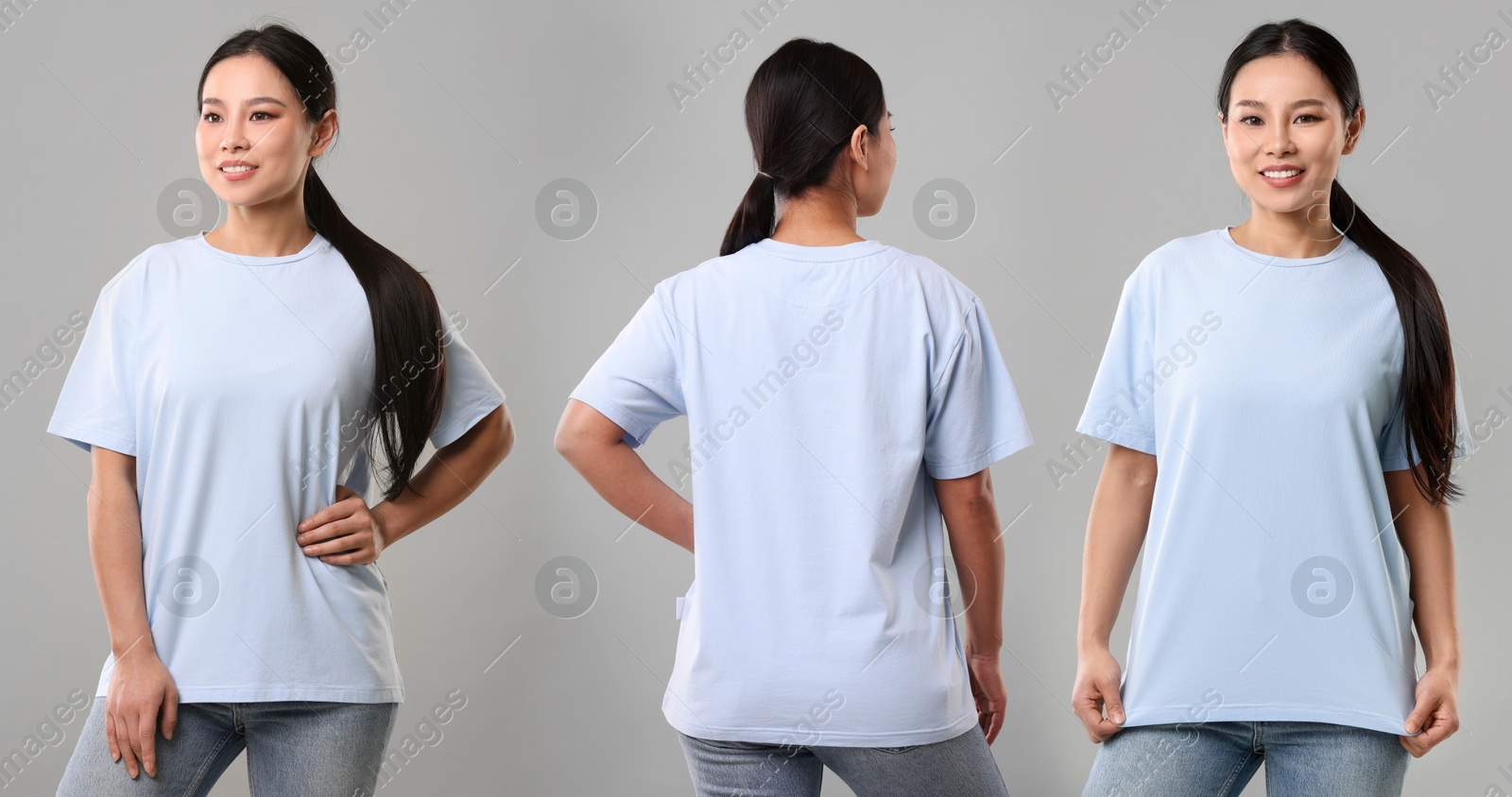 Image of Woman wearing light blue t-shirt on light grey background, collage of photos. Front and back views