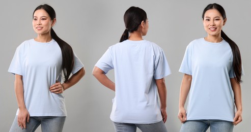 Image of Woman wearing light blue t-shirt on light grey background, collage of photos. Front and back views