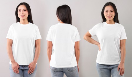 Image of Woman wearing white t-shirt on light grey background, collage of photos. Front and back views