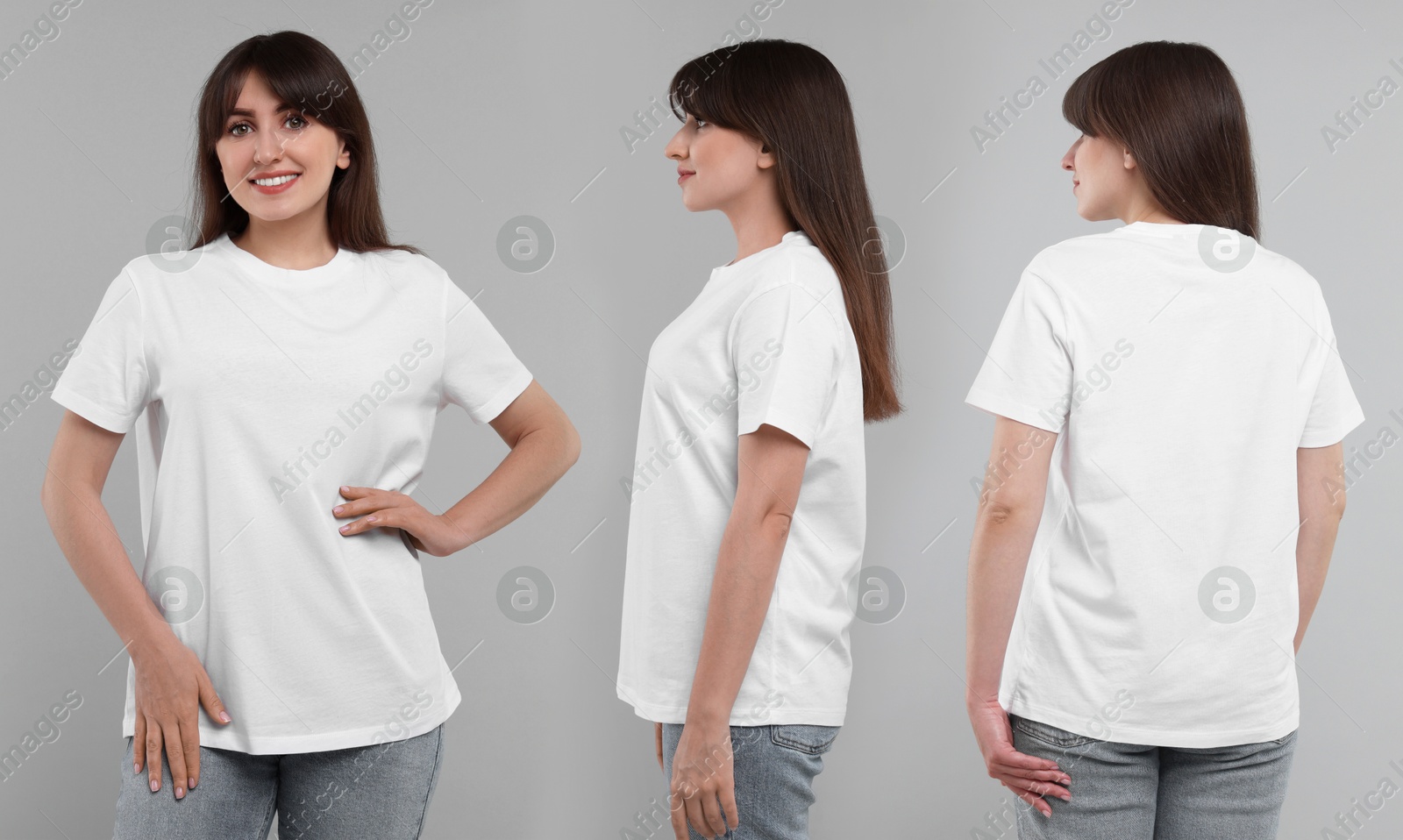 Image of Woman wearing white t-shirt on light grey background, collage of photos. Front, back and side views
