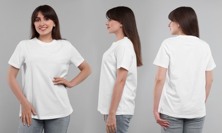 Woman wearing white t-shirt on light grey background, collage of photos. Front, back and side views