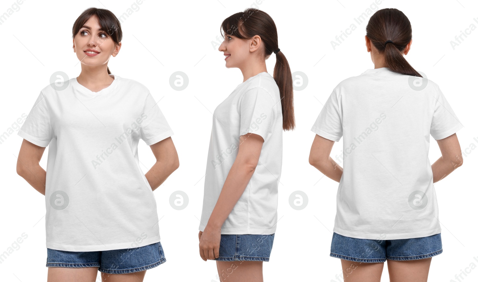 Image of Woman wearing white t-shirt on white background, collage of photos. Front, back and side views