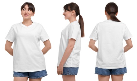 Woman wearing white t-shirt on white background, collage of photos. Front, back and side views