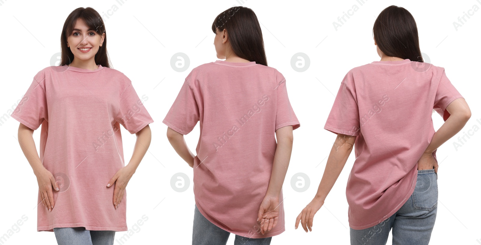 Image of Woman wearing pink t-shirt on white background, collage of photos. Front and back views