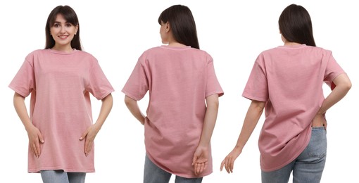 Woman wearing pink t-shirt on white background, collage of photos. Front and back views