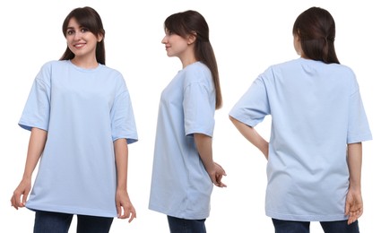 Image of Woman wearing light blue t-shirt on white background, collage of photos. Front, back and side views
