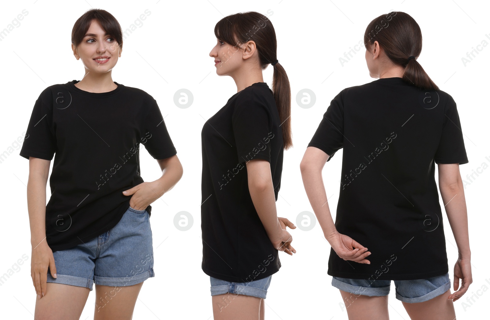 Image of Woman wearing black t-shirt on white background, collage of photos. Front, back and side views