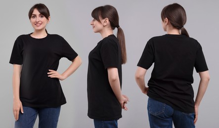 Image of Woman wearing black t-shirt on light grey background, collage of photos. Front, back and side views