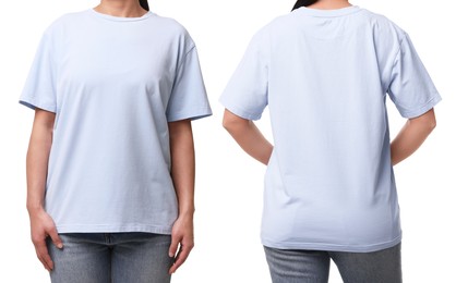Woman wearing light blue t-shirt on white background, collage of closeup photos. Front and back views