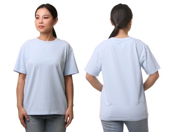 Woman wearing light blue t-shirt on white background, collage of photos. Front and back views