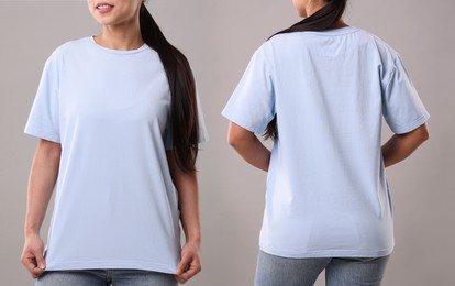 Image of Woman wearing light blue t-shirt on grey background, collage of closeup photos. Front and back views